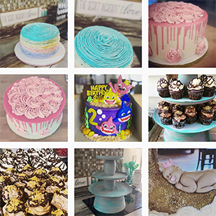 9 images of different cake/cupcake projects